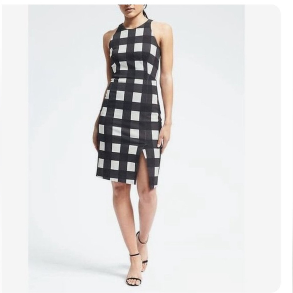 Banana Republic Gingham Checkered Sheath Dress Midi Stretch Size 4 Small‎